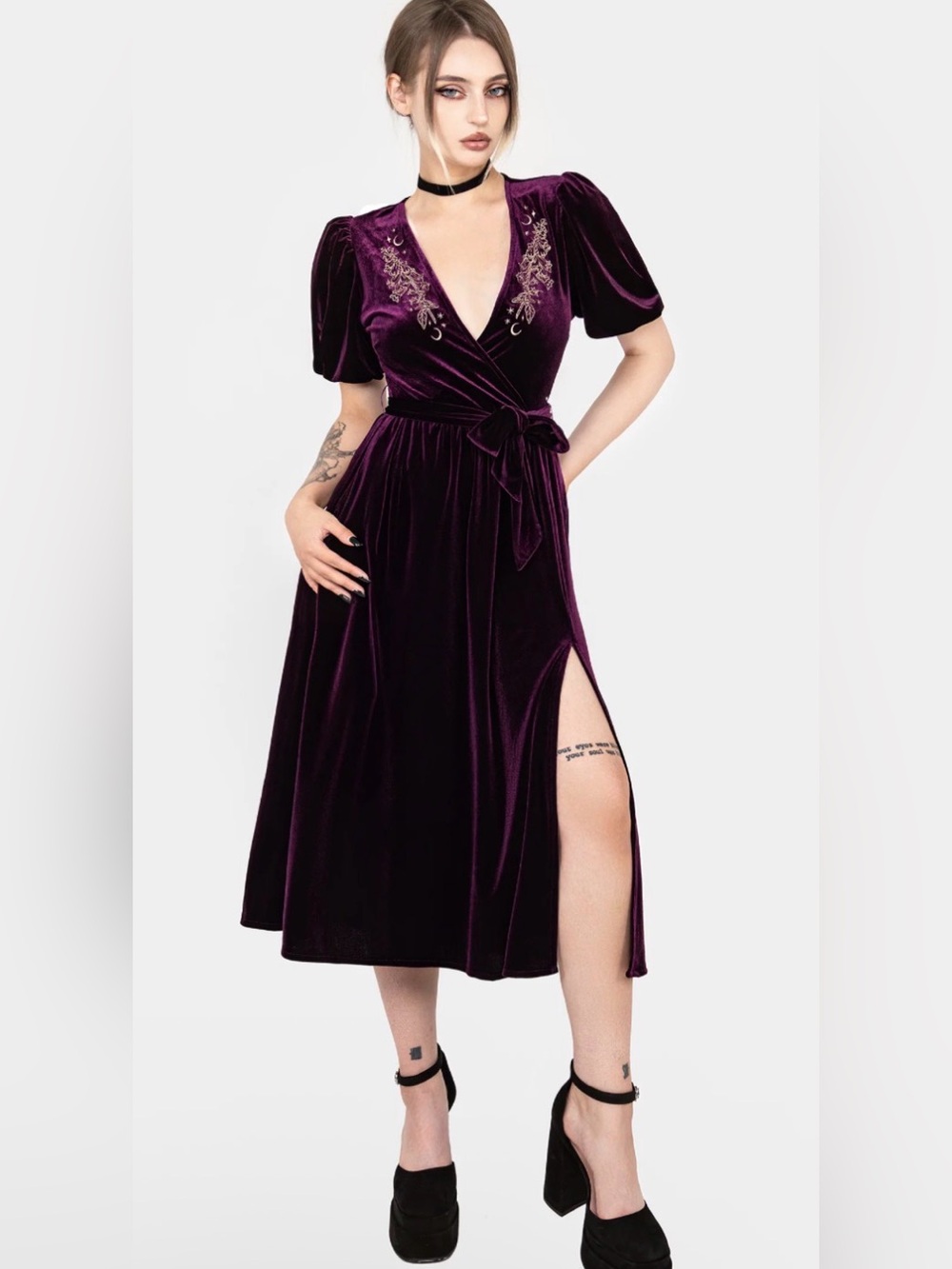 Disturbia Velvet Wrap Midi Dress in Plum